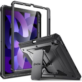 حافظة Fintie مقاومة للصدمات لجهاز iPad Air الجيل الخامس (2022) / iPad Air الجيل الرابع (2020) مقاس 10.9 بوصة، غطاء مسند واقٍ متين من Tuatara مع واقي شاشة وحامل أقلام، أسود