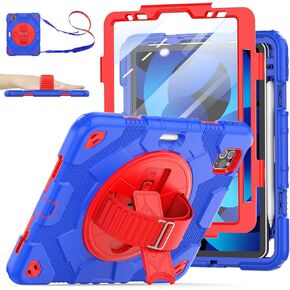 SEYMAC Case for iPad Air 5th/ 4th Generation Case 10.9 Inch, Full-Body Drop Protection Case with Screen Protector, 360° Rotating Stand, Hand Strap, Shoulder Strap for iPad Air 5/ Air 4, Black