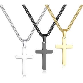 Yooblue Cross Necklace for Men - 2Pcs, 3Pcs Silver Black Gold Stainless Steel Cross Pendant Necklace for Men Women Teen Boys Jewelry Gifts