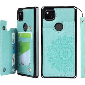iCoverCase for Google Pixel 4a Wallet Case with Card Slots Holder and Wrist Strap [RFID Blocking] Embossed Leather Kickstand Magnetic Clasp Shockproof Cover (Heart Black)