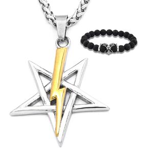 Anton LaVey's Lightning Bolt Satanic Pentagram Pendant Necklace 18K Gold Plated Stainless Steel Satanism Jewelry Men Women