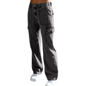 chouyatou Women's Boyfriend Multi-Pocket Cargo Jeans Y2K Streetwear Wide Leg Washed Denim Pants