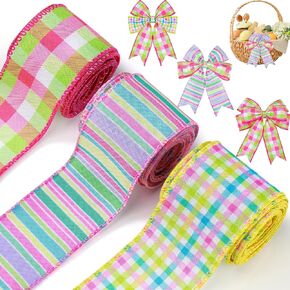 Easter Plaid Fabric Ribbon Spring Gingham Ribbon Checkered Wired Ribbon DIY Craft Pastel Ribbon for Easter Valentine's Day Birthday Baby Shower (Bright Colors, 3/8" x 200 Yd)