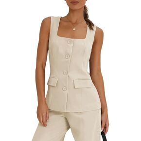 Tankaneo Women's Single Breasted Vests Square Neck Sleeveless Slim Fitted Work Office Waistcoats