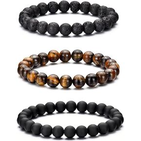 MOROTOLE Mens Beaded Bracelet Tiger Eye 8MM Natural Stone Beads Bracelet Set Adjustable Stretch Lava Rock Bracelets for Men Black Crystal Beaded Bracelets for Men Father Boyfriend Brother Gifts