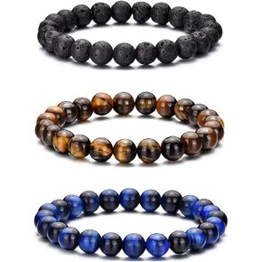 MOROTOLE Mens Beaded Bracelet Tiger Eye 8MM Natural Stone Beads Bracelet Set Adjustable Stretch Lava Rock Bracelets for Men Black Crystal Beaded Bracelets for Men Father Boyfriend Brother Gifts in Kuwait