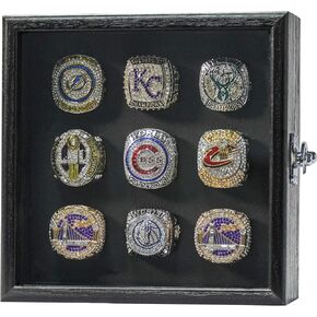 Championship Ring Display Case, 9 Hole Baseball Ring Display Case Holder for Wall Mount Wooden Shadow Box with Acrylic Door for Multiple Championship Rings - Black