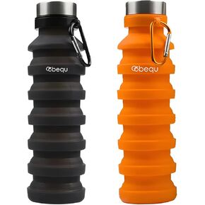 BEQU 550ml/18 Fl Oz Collapsible Silicone Water Bottle, Reusable, BPA Free, Dishwasher-Safe, Portable, Leak Proof, Use for Home Office Sports Travel Gym Camping Hiking (2PK Black-Orange)