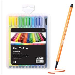 BAZIC Washable Fiber Tip Pen, 12 Color Fineliner Pens, Fine Point Marker for Writing Drawing Coloring Teacher School Supplies Gift (12/Pack), 24-Packs