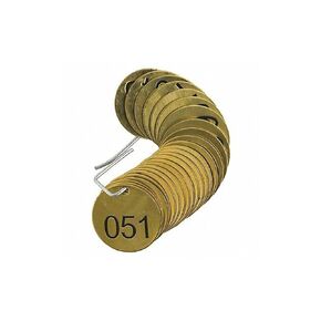 Brady 23202 1-1/2" Diameter, B-907 Brass, Brass Color, Number Sequence 051-075 Round Stamped Brass Valve Tags, Top Line Legend (Blank) (Pack Of 25)
