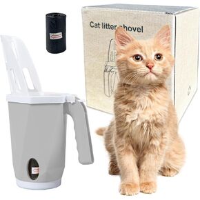 Poop Scoop for Kitty Litter, Handheld Portable for Cats and Dogs Built in Bag Dispensor with Roll, Mess Free No Touch Pooper Scooper (Gray), Medium