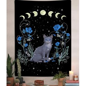 Witchy Cat Moon Phase Vertical Tapestry, Aesthetic Blue Rose Floral Animal Tarot Tapestry Wall Hanging for Bedroom, Trippy Black Tapestries Poster Blanket College Dorm Home Decor (40X60)