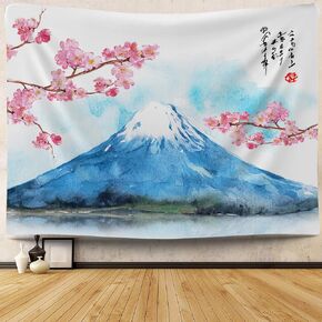 Lindameler Japanese Tapestry Wall Hanging Mount Fuji Cherry Sakura Sunset Tapestry White Blue Asian Nature Landscape Tapestriy Decoration for Bedroom Living Room