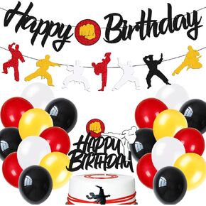طقم زينة عيد ميلاد الكاراتيه، لافتة عيد ميلاد سعيد، لافتة عيد ميلاد سعيد، كعكة الكاراتيه، بالونات مطاطية للرجال والنساء والأطفال والصبيان والبنات، لوازم حفلات أعياد الميلاد، ديكور أسود لامع