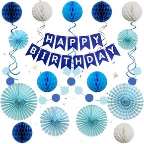 Blue Birthday Decorations for Boys - Blue Happy Birthday Banner Hanging Swirls Honeycomb Flower Balls Paper Fans and Circle Dots Garland Set, Blue Birthday Party Supplies for Men Boys