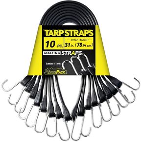 Rubber Bungee Cords Heavy Duty Outdoor with 1.8X Max Stretch & Over 176 lbs Load, 100% EPDM Black Bungee Straps with Standard S Hooks for Cargo, Tarps, Van, Truck, Motorcycle, Weatherproof (10 Pack)