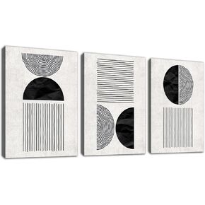 Black and White Wall Art Canvas Set Mid Century Boho Pictures Modern Geometric Lines Half Circles Wall Decor Minimalist Bohemian Abstract Painting Artwork for Living Room Bedroom Office 12"x16"x3Pc
