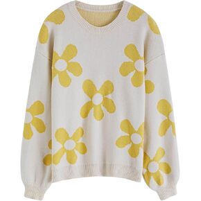CHICWISH Women's Hot Pink/Nude Pink/Lilac/Cream Cuteness Flowers Boxy Round Neck Long Sleeves Knit SweaterKnit Sweater