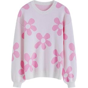 CHICWISH Women's Hot Pink/Nude Pink/Lilac/Cream Cuteness Flowers Boxy Round Neck Long Sleeves Knit SweaterKnit Sweater
