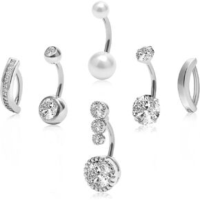 CrazyPiercing 6Pcs Silver Plated Belly Button Rings 14G 10mm Barbell Surgical Grade Steel CZ Clicker Belly Button Navel Ring for Women… in Kuwait