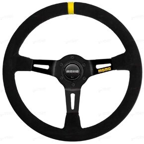 MOMO Motorsport MOD. 08 Racing Steering Wheel Black Suede Grip Brushed Black Anodized Spoke Yellow Stripe 350mm w/ 88mm dish - R1908/35S