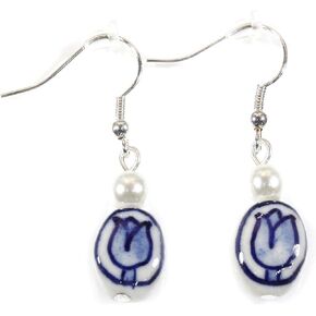 "Blue Delft" Dutch Tulip Porcelain Earrings, 1.5 Inches