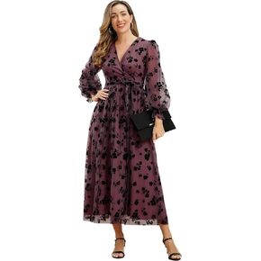 Women Floral Embroidered Maxi Dress Long Puff Sleeve Tulle Prom Dresses Belt V Neck Lantern Long Sleeve Homecoming Dresses