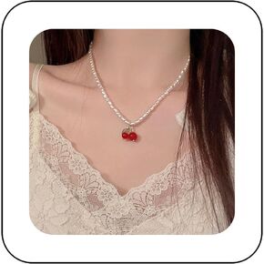 Vintage Pearl Choker Necklace Red Ruby Strawberry Pendant Necklace Boho Strawberry Necklace Pearl Chain Necklace Jewelry for Women