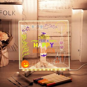 Acrylic Dry Erase Board with Light Up Stand for Desk 12x 8inch, LED Note Board with Colors Light up Dry Erase Board Light Drawing Memo Board Glow Message Board with 12 Pens Holiday Gift for Kid Adult