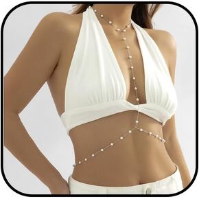Pearl Body Chain Necklace Boho Bra Chain Body Jewelry for Women Sexy Gold Body Chains Summer Beach Pearl Harness Bra Chain Bikini Festival Rave Pearl Bra Body Necklace Jewelry