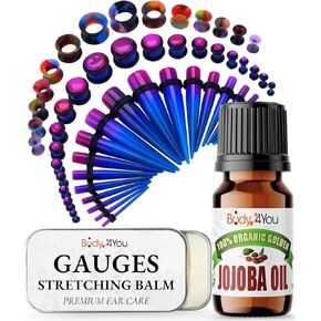 BodyJ4You 55PC Ear Stretching Kit 14G-12mm - Aftercare Jojoba Oil Ear Stretching Balm - Purple Blue Acrylic Plugs Gauge Tapers Silicone Tunnels - Lightweight Expanders Men Women