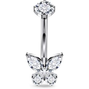 F136 Titanium 14g 10/12/14mm Belly Button Rings Long Bar Butterfly Diamond Navel Piercing Jewelry Implant Grade for Healing