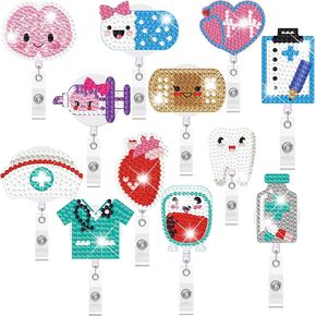 Harloon 12 Pcs Rhinestone Nurse Badge Holder DIY Nurse Badge Reels Retractable with Alligator Clip Diamond ID Badge Clip Nursing Graduation Present for Rn Students Doctor School Hospital Gift