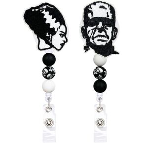 Halloween Silicone Beaded Badge Reel Bride of Frankenstein Badge Reels Retractable, with Alligator Clips, 24 inches Thick Pull Cord