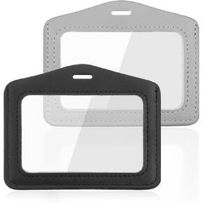 2 Pack ID Badge Holder Horizontal Genuine Leather Horizontal ID Badge Holder Double-Sided Transparent ID Badge Holders for Office School ID Credit Card Exhibition(Black + Gray)
