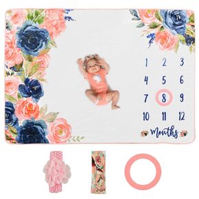 Baby Monthly Milestone Blanket | Photo Blanket for Newborn Girl Shower | Month Blanket Nursery Decor | Baby Growth Chart | Pink Floral Headband Bows + Frame