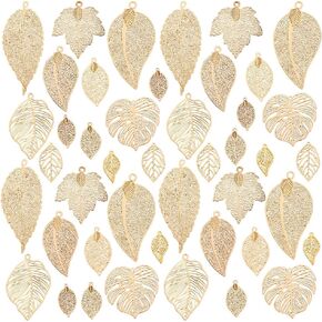 PH PandaHall 44pcs Filligree Leaf Charm, 11 Style Gold Tree Leaf Charm Brass Monstera Leaf Pendants Hollow Maple Leaf Pendants for DIY Necklace Bracelet Earring Jewelry Making Keychain Bag Decoration