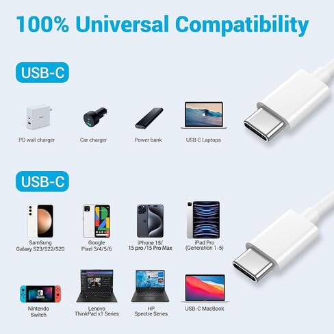 كابل Quntis USB C إلى USB C، 3 حزم كابل شاحن USB C بطول 6 أقدام، كابل شحن سريع من النوع C 60 وات (3A) لهاتف iPhone 15 Plus Pro Max وiPad Mini 6/ Pro 2021 وMacBook Pro 2020 وSamsung Galaxy S23، Switch، أبيض in Saudi Arabia