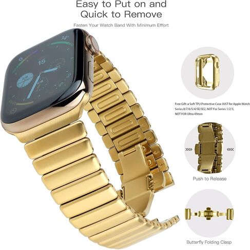 Compatible Stainless Steel Apple Watch Band 49mm 45mm 44mm 42mm, Thin Metal Link Bracelet for Apple Watch Wristbands Men Women, Link Band for iWatch Ultra Series 8/7/6/5/4/3 SE, Golden in Saudi Arabia
