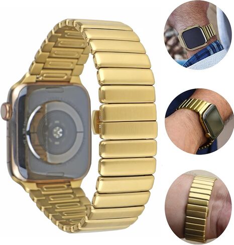 Compatible Stainless Steel Apple Watch Band 49mm 45mm 44mm 42mm, Thin Metal Link Bracelet for Apple Watch Wristbands Men Women, Link Band for iWatch Ultra Series 8/7/6/5/4/3 SE, Golden in Saudi Arabia