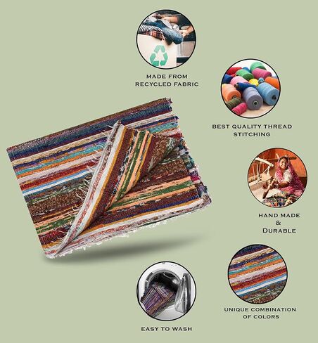 Chindi Cotton Rag Rugs 100% Eco-Friendly, 2-in-1 Reversible Multipurpose, Multicolor Hand-Woven Traditional Rugs (5ft X 3ft) for Living Room & Kitchen - Beige in Saudi Arabia