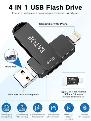 محركات أقراص فلاش بسعة 64 جيجابايت مخصصة لهاتف iPhone 15، وحدة تخزين ذاكرة للصور ومقاطع الفيديو، محرك أقراص فلاش لتخزين ذاكرة خارجية USB متوافق مع iPhone iPad Android وأجهزة الكمبيوتر (رمادي داكن) in Kuwait