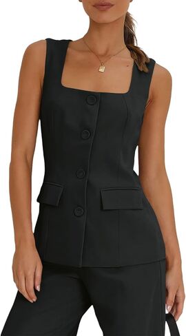 Tankaneo Women's Single Breasted Vests Square Neck Sleeveless Slim Fitted Work Office Waistcoats in Kuwait