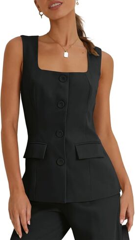 Tankaneo Women's Single Breasted Vests Square Neck Sleeveless Slim Fitted Work Office Waistcoats in Kuwait