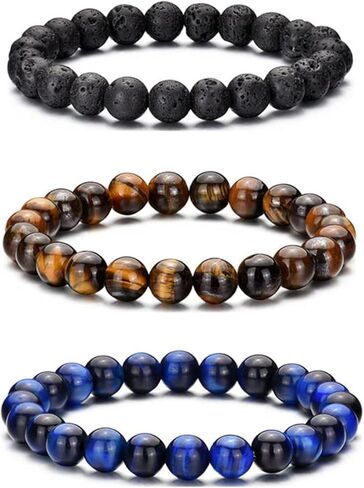 MOROTOLE Mens Beaded Bracelet Tiger Eye 8MM Natural Stone Beads Bracelet Set Adjustable Stretch Lava Rock Bracelets for Men Black Crystal Beaded Bracelets for Men Father Boyfriend Brother Gifts in Kuwait