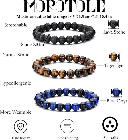 MOROTOLE Mens Beaded Bracelet Tiger Eye 8MM Natural Stone Beads Bracelet Set Adjustable Stretch Lava Rock Bracelets for Men Black Crystal Beaded Bracelets for Men Father Boyfriend Brother Gifts in Kuwait