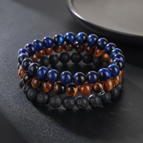 MOROTOLE Mens Beaded Bracelet Tiger Eye 8MM Natural Stone Beads Bracelet Set Adjustable Stretch Lava Rock Bracelets for Men Black Crystal Beaded Bracelets for Men Father Boyfriend Brother Gifts in Kuwait
