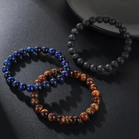 MOROTOLE Mens Beaded Bracelet Tiger Eye 8MM Natural Stone Beads Bracelet Set Adjustable Stretch Lava Rock Bracelets for Men Black Crystal Beaded Bracelets for Men Father Boyfriend Brother Gifts in Kuwait