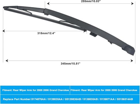5139835AC الخلفية ذراع الممسحة شفرة ل جيب جراند شيروكي 2005 2006 2007 2008 2009 2010 الخلفية ممسحة زجاج أمامي شفرة مجموعة 55156514AC 05139836AB in Kuwait