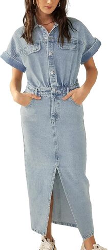 Fisoew Womens Denim Maxi Dress Casual Short Sleeve Collared Split Front Summer Jean Dresses in Saudi Arabia